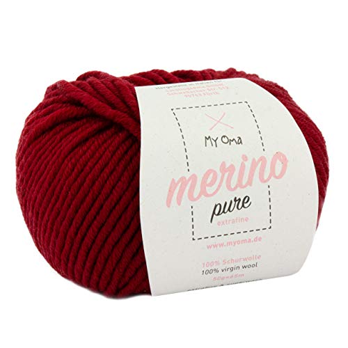 Merinowolle extrafine -1x Merino pure weinrot (Fb 4029)- 1 Knäuel Merino Wolle rot + GRATIS Label - Merinowolle extrafein - 50g/65m - Nadelstärke 6-7mm - Strickwolle Merino - Merinowolle chunky von MyOma