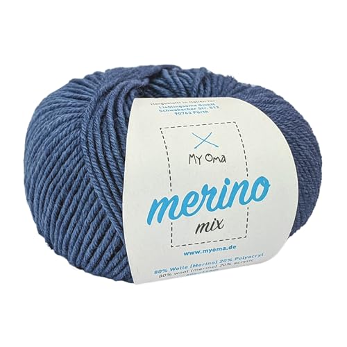 Merinowolle stricken - 1 Knäuel Merinowolle Rauchblau (Fb 1375) - Rauchblaue Wolle zum Häkeln - Garn Merino + GRATIS MyOma Label - 50g/120 m - MyOma Wolle - weiche Wolle - Mischwolle stricken von MyOma