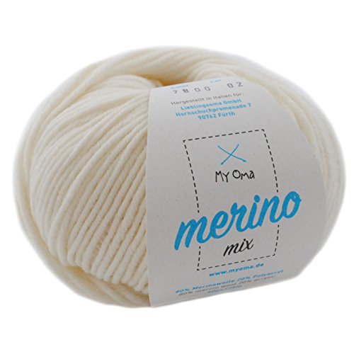 Merinowolle zum Stricken - 1 Knäuel Merinowolle naturweiß (Fb 7800) - natur weiße Merino Wolle - Strickgarn Merinowolle + GRATIS MyOma Label - 50g/120m - MyOma Wolle - weiche Wolle - Merinogarn von MyOma