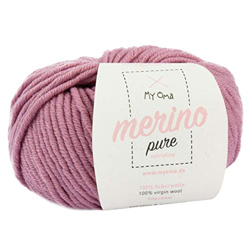 Merinowolle zum Stricken -1x Merino pure rosé (Fb 4708)- 1 Knäuel Merinowolle rosa + GRATIS Label - Merinowolle dickes Garn - 50g/65m - Merino Wolle Nadelstärke 6-7mm - weiche Wolle zum Stricken von MyOma