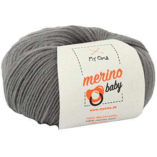 Babywolle -1 Knäuel Merino Baby grau (Fb 6050) + GRATIS Anleitung- 100% Merinowolle - 25g/140m – Nadelstärke 2,5-3mm – Babywolle zum Stricken weich – Baby Wolle von MyOma von MyOma