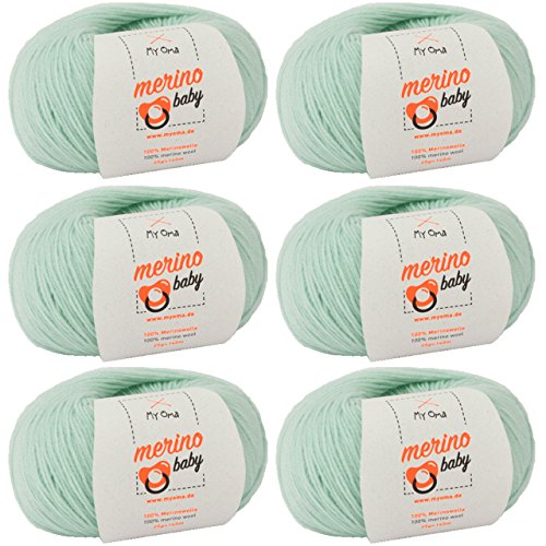 Babywolle - Merino Baby mint (Fb 6045) - 6 Knäuel Baby Wolle mint + GRATIS Label - Babywolle häkeln - Babywolle Merino zum Stricken - 25g/140m - Nadelstärke 2,5-3mm - weiches Babygarn von MyOma von MyOma