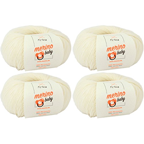 Babywolle häkeln *4 Knäuel Merino Baby natur (Fb 6010) + GRATIS Anleitung* 100% Merinowolle - 25g/140m – Nadelstärke 2,5-3mm – Baby Wolle stricken – Babywolle Merino weiß von MyOma von MyOma