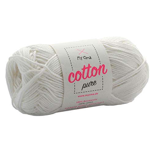 Baumwolle zum Häkeln -MyOma Cotton pure naturweiß (Fb 0100)- Baumwolle Garn stricken + GRATIS Anleitung – 1 Knäuel weißes Baumwollgarn/weiße Baumwolle – 50g/125m – Nadelstärke 2,5-3,5mm von MyOma