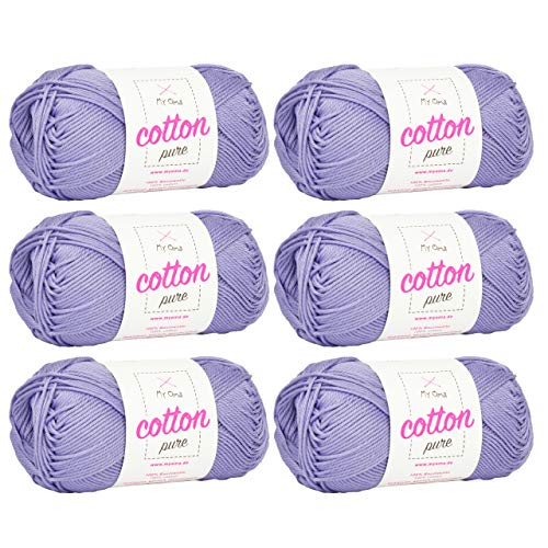 Baumwollgarn häkeln - MyOma Cotton pure flieder (Fb 0185)- Baumwollgarn zum Stricken + GRATIS Anleitung – 6 Knäuel violettes Baumwollgarn/Baumwolle lila - 50g/125m – Nadelstärke 2,5-3,5mm von My Oma