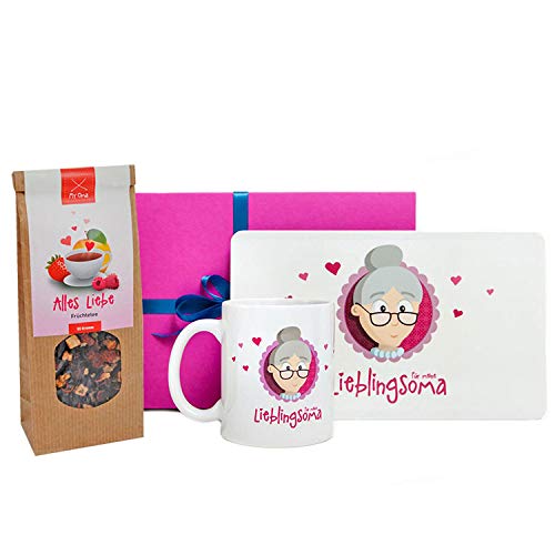 MyOma Dankeschön für Oma- Geschenk für Oma- Oma Frühstücksset Guten Morgen mit Oma Tasse, Oma Frühstücksbrettchen, Früchtetee und GRATIS Karte LIEBLINGSOMA in bunter Geschenkbox- Geschenk Oma von MyOma