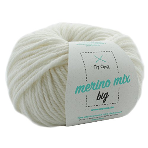 Dicke Merinowolle -1 Knäuel Merino Wolle schneeweiß (Fb 3100, weiß)- Merinowolle zum Stricken - Wolle zum Häkeln - + GRATIS MyOma Label - Strickgarn Merino - 50g/75m – MyOma Wolle von MyOma