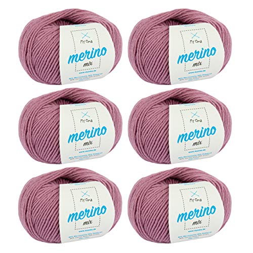 Merino Wolle - 6 Knäuel Merinowolle altrosa (Fb 9550) - rosa Merino Wolle zum Stricken - Merino Mix Wolle + GRATIS MyOma Label - 50g/120m - MyOma Wolle - weiche Wolle - Merino Garn von My Oma