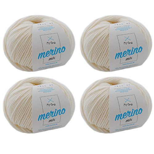 Merino Wolle stricken - 4 Knäuel Merino Wolle naturweiß (Fb 7800) - natur weiße Merino Wolle häkeln – Merinogarn + GRATIS MyOma Label - 50g/120m - MyOma Wolle - weiche Wolle - Merinowolle von My Oma