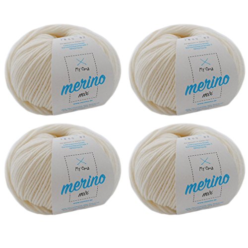 Merino Wolle stricken - 4 Knäuel Merino Wolle naturweiß (Fb 7800) - natur weiße Merino Wolle häkeln – Merinogarn + GRATIS MyOma Label - 50g/120m - MyOma Wolle - weiche Wolle - Merinowolle von MyOma