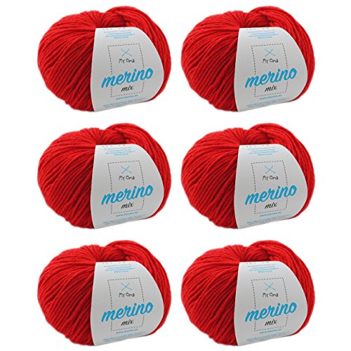 Merino Wolle zum Häkeln - 6 Knäuel Merinowolle hagebutte (Fb 532) - rote Wolle Merino Mix - Wolle Mix zum Häkeln + GRATIS MyOma Label - 50g/120m - MyOma Wolle - weiche Wolle - Merinogarn von MyOma