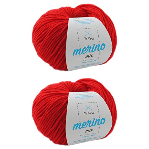 Merinowolle - 2 Knäuel Merino Wolle hagebutte (Fb 532) - rote Merinowolle zum Stricken -Strickgarn Merino + GRATIS MyOma Label - 50g/120m - MyOma Wolle - weiche Wolle - Merino Garn von MyOma