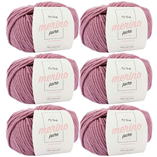 Merinowolle -6X Merino Pure rosé (Fb 4708)- 6 Knäuel Merinowolle rosa + GRATIS Label - Merinogarn - 50g/65m - Nadelstärke 6-7mm - 100% Merino - Wolle zum Häkeln - weiche Wolle Myoma von My Oma