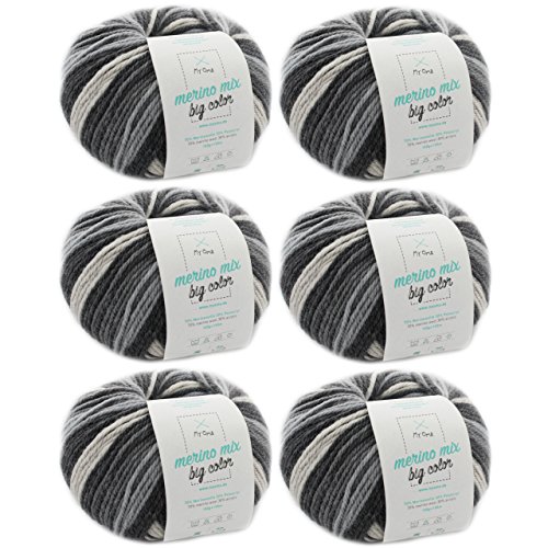 Merinowolle - Merinowolle Classic (Fb 5000) - 6 Knäuel Merinowolle grau zum Stricken - dicke Wolle + MyOma Label - 100g/150m - Nadelstärke 6-7mm - MyOma Wolle - weiche Wolle - Color Wolle von MyOma