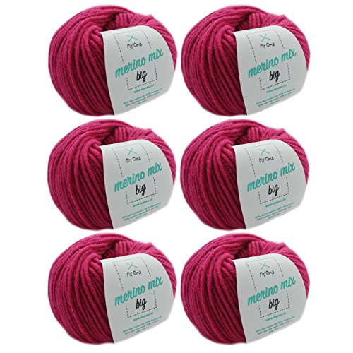 Merinowolle - Merinowolle magenta (Fb 3374) - 6 Knäuel pinke Merinowolle zum Stricken - dicke Wolle + MyOma Label - 50g/75m - Nadelstärke 6-7mm - MyOma Wolle - weiche Wolle - Merino Garn von MyOma