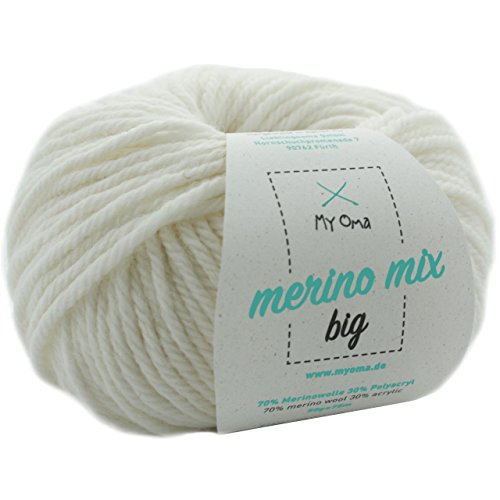 Merinowolle - Merinowolle schneeweiß (Fb 3100) - 1 Knäuel weiße Merinowolle zum Stricken - dicke Wolle + GRATIS MyOma Label - 50g/75m - Nadelstärke 6-7mm - MyOma Wolle - weiche Wolle von MyOma