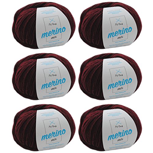 Merinowolle zum Häkeln - Merino Wolle bordeaux (Fb 4) - 6 Knäuel dunkelrote Wolle zum Stricken - Wolle Mix + GRATIS MyOma Label - 50g/120m - MyOma Wolle - weiche Wolle - Merinogarn von MyOma