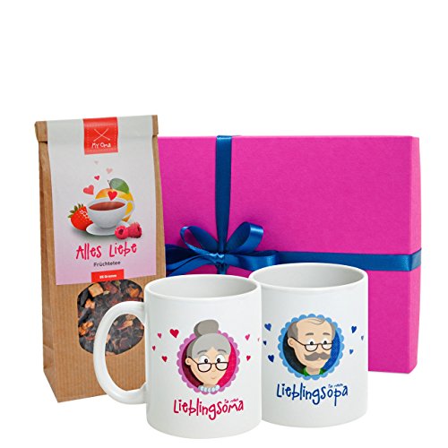 MyOma Oma Opa Geschenkset -Geschenkbox Oma +Opa Tasse + Früchtetee- beidseitig Bedruckte Tassen als Geschenk für Weihnachten-Oma Opa Geschenk Weihnachten +Gratis Weihnachtskarte - Geschenke von MyOma