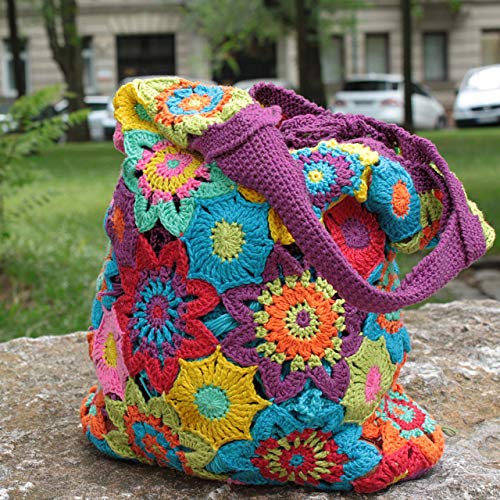 MyOma Tasche Häkelset mit Baumwolle und Häkelanleitung INKL. Nadeln -Häkelpaket Blütentasche- Strickset/Häkelset mit Anleitung und Wolle - Strickpackung Tasche von MyOma