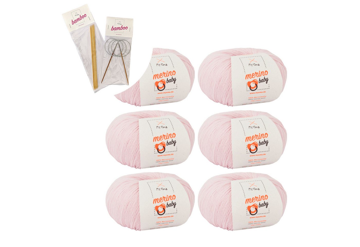 MyOma Wolle Merino Baby - Strick- und Häkelwolle, 140,00 m (25g, zum Stricken und Häkeln, dünne Babywolle), 100% Merinowolle in 8 Pastellfarben, auf Wunsch mit Nadelset von MyOma