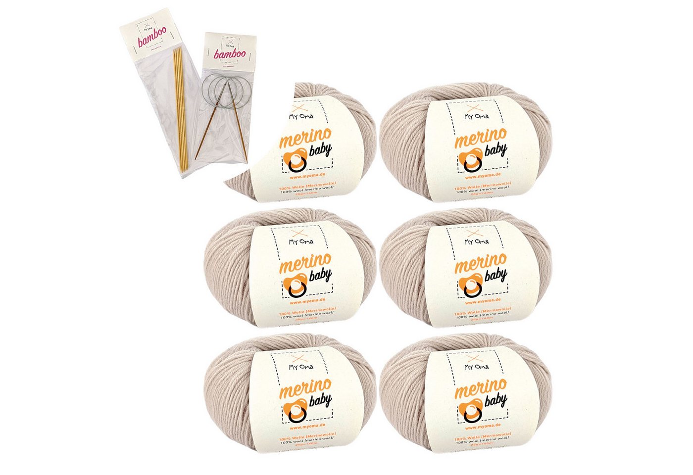 MyOma Wolle Merino Baby - Strick- und Häkelwolle, 140,00 m (25g, zum Stricken und Häkeln, dünne Babywolle), 100% Merinowolle in 8 Pastellfarben, auf Wunsch mit Nadelset von MyOma