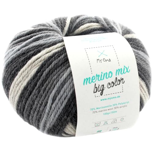 Wolle stricken - MerinWolle stricken - Merino Wolle Classic (Fb 5000) - 1 Knäuel Merinowolle grau zum Stricken - dicke Wolle + MyOma Label - 100g/150m - Nadelstärke 6-7mm - MyOma Wolle Color Wolle von MyOma