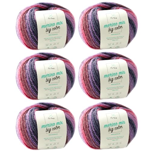 Wolle stricken - Merino Wolle Emotion (Fb 5002) - 6 Knäuel Merinowolle lila zum Stricken - dicke Wolle + GRATIS MyOma Label - 100g/150m - Nadelstärke 6-7mm - MyOma Wolle - Color Wolle von MyOma