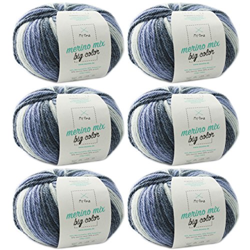 Wolle stricken - Merino Wolle Spirit (Fb 5005) - 6 Knäuel Merinowolle blau zum Stricken - dicke Wolle + MyOma Label - 100g/150m - Nadelstärke 6-7mm - MyOma Wolle - Color Wolle von MyOma
