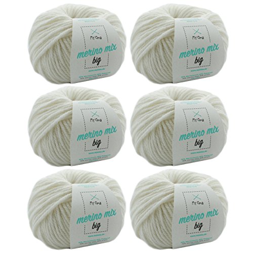 Wolle stricken - Merino Wolle schneeweiß (Fb 3100) - 6 Knäuel weiße Merinowolle zum Stricken - dicke Wolle + GRATIS MyOma Label - 50g/75m - Nadelstärke 6-7mm - MyOma Wolle - weiche Wolle von MyOma