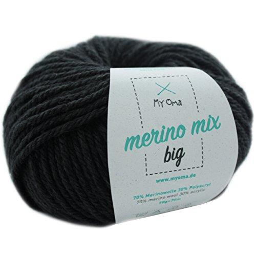 Wolle stricken - Merinowolle granit (Fb 3305) - 1 Knäuel dunkelgraue Merinowolle Stricken - dicke Wolle + GRATIS MyOma Label - 50g/75m - Nadelstärke 6-7mm - MyOma Wolle - weiche Wolle von MyOma