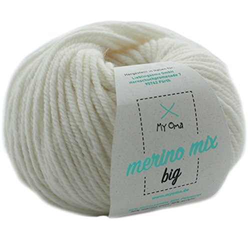 Strickgarn Merino - Merinogarn naturweiß (Fb 3800) - 1 Knäuel Merino Wolle weiß zum Stricken - dicke Wolle + GRATIS MyOma Label - 50g/75m - Nadelstärke 6-7mm - weiche Wolle – Merino Garn von MyOma von MyOma