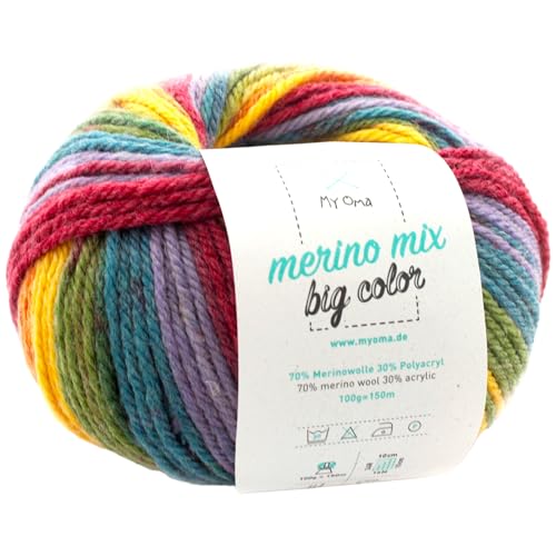 Wolle bunt - 1 Knäuel Merino Mix big Color fantasy (Fb 5001) - Wolle Farbverlauf 100g/150 m + GRATIS Label – Wolle Farbverlaufgarn Nadelstärke 6-7 mm – Wolle Regenbogen MyOma von MyOma