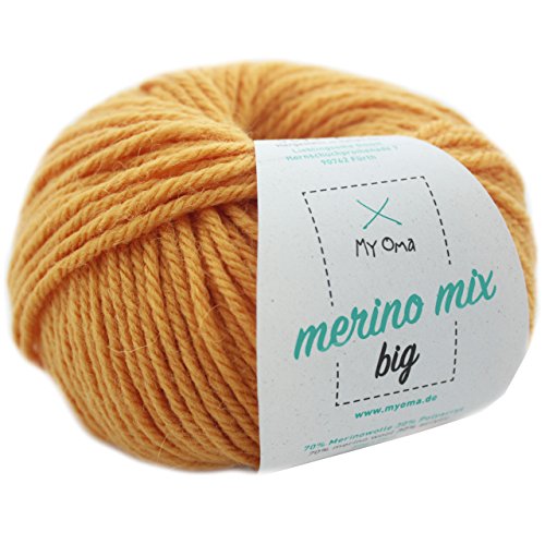 Wolle stricken - Merino Wolle honig (Fb 3295) - 1 Knäuel gelbe Merinowolle zum Stricken - dicke Wolle + MyOma Label - 50g/75m - Nadelstärke 6-7mm - MyOma Wolle - weiche Wolle - Merino Garn von MyOma