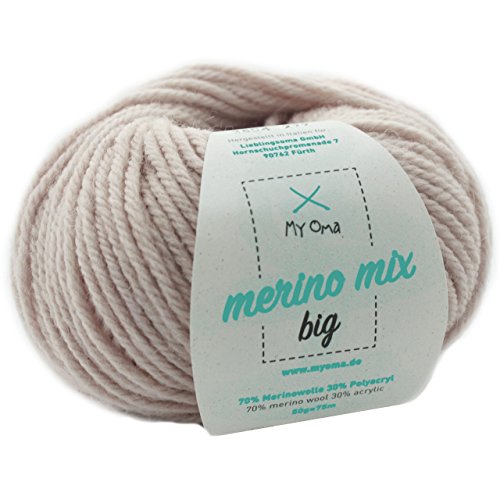Wolle stricken - Merino Wolle leinen (Fb 3804) - 1 Knäuel beige Merinowolle zum Stricken - dicke Wolle + GRATIS MyOma Label - 50g/75m - Nadelstärke 6-7mm - MyOma Wolle - weiche Wolle von MyOma