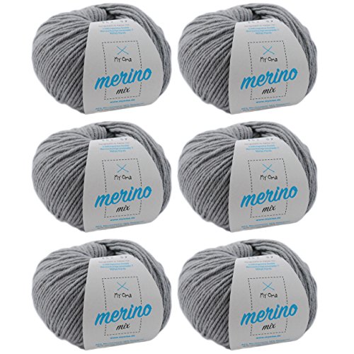 MyOma Merino Mix Wolle zum Häkeln und Stricken - Kiesel (Fb 302) - 6 Knäuel Grau - 50g/120m - Weiche Mischwolle + GRATIS Label von My Oma