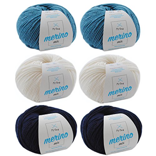 Wollpaket Merino Mix von MyOma - Wollmix Atlantik L - blaue Wolle Merino - Wolle Mix zum Häkeln und Stricken (6 Knäuel, je 50g/120m) + GRATIS MyOma Label – MyOma Wolle - weiche Wolle – Merino Garn von MyOma