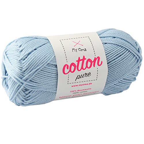 blaues Baumwolle Garn -MyOma Cotton pure himmelblau (Fb 0081)- Baumwolle zum Stricken und Häkeln + GRATIS Anleitung – 1 Knäuel Baumwolle blau/himmelblaues Baumwollgarn 50g/125m – Nadelstärke 2,5-3,5mm von MyOma