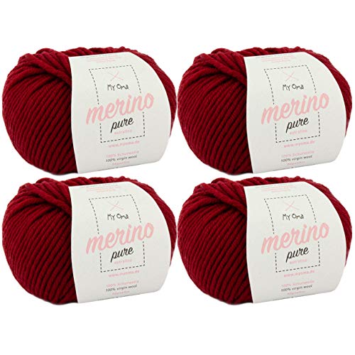 weiche Wolle zum Stricken -4x Merino pure weinrot (Fb 4029)- 4 Knäuel Merinowolle rot + GRATIS Label - 50g/65m - Nadelstärke 6-7mm - Merino Wolle kaufen - Strickwolle Merinowolle - 100% Merino von MyOma