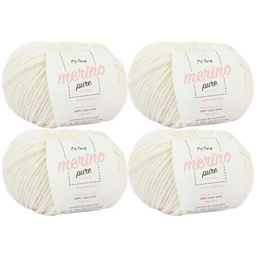 weiche Wolle zum Stricken -4x Merino pure natur (Fb 4800)- 4 Knäuel Merinowolle natur + GRATIS Label - 50g/65m - Nadelstärke 6-7mm - Merino Wolle kaufen - Merinowolle Knäuel stricken - Merinowolle von MyOma