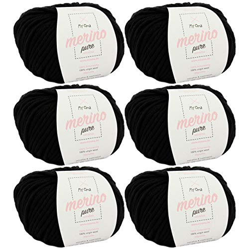 weiche Wolle zum Stricken -6X Merino Pure schwarz (Fb 4200)- 6 Knäuel Merinowolle + GRATIS Label - Merino Wolle Chunky - 50g/65m - Nadelstärke 6-7mm - 100% Merino - Merinowolle Extrafine von MyOma