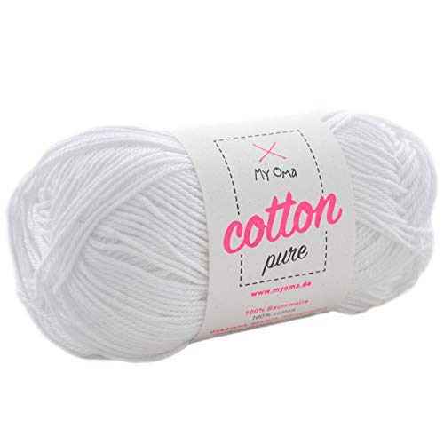 weißes Baumwolle Garn -MyOma Cotton pure perlweiß (Fb 0101)- Baumwolle zum Stricken und Häkeln + GRATIS Anleitung – 1 Knäuel Baumwolle weiß/weißes Baumwollgarn 50g/125m – Nadelstärke 2,5-3,5mm von MyOma