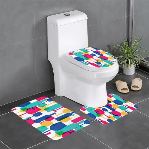 Cocktailgläser und Weinflaschen Print 3-teiliges Badteppiche Set, Badematte und WC-Vorleger und Toilettendeckel für Zuhause Deko von MyPiky