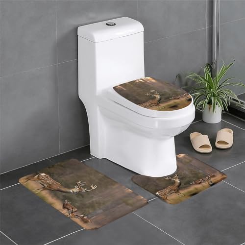 Hirschjagd Druck 3-teiliges Badteppiche Set, Badematte und WC-Vorleger und Toilettendeckel Abdeckung für Zuhause Deko von MyPiky