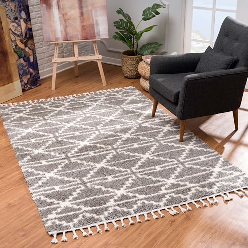 MyShop24 Teppich Wohnzimmer Hochflor - Grau - 120x160 cm - Deko Schlafzimmer Shaggy Flauschig mit Fransen Soft Rauten Muster Oeko Tex 100 Standard Allergiker geeignet von MyShop24