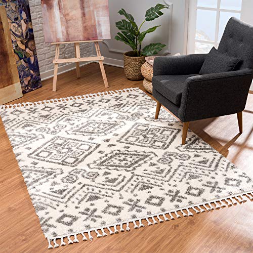 MyShop24 Teppich Wohnzimmer Hochflor - Creme - 200x290cm - Schlafzimmer Soft Shaggy Flauschig mit Fransen - Rauten Muster - Boho Design - Oeko Tex 100 Standard - Allergiker geeignet von MyShop24
