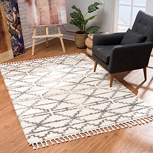 MyShop24 Teppich Wohnzimmer Hochflor - Creme Grau - 200x290cm - Deko Schlafzimmer - Soft Shaggy mit Fransen - Rauten Muster - Oeko Tex 100 Standard - Allergiker geeignet von MyShop24