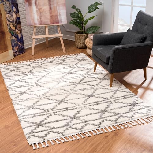 MyShop24 Teppich Wohnzimmer Hochflor - Creme Grau - 80x250cm - Deko Schlafzimmer - Soft Shaggy mit Fransen - Rauten Muster - Oeko Tex 100 Standard - Allergiker geeignet von MyShop24