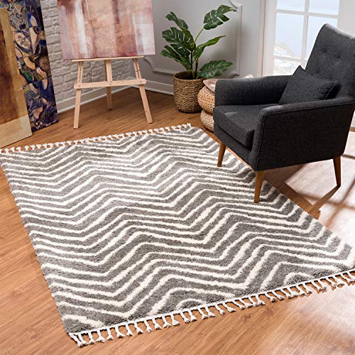 MyShop24 Teppich Wohnzimmer Läufer Shaggy - Grau Creme - 80x250cm - Schlafzimmer Hochflor - mit Fransen Flauschig Großartige Muster - Oeko Tex 100 Standard - Allergiker geeignet von MyShop24