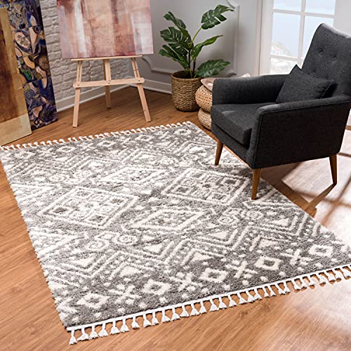 MyShop24 Teppich Wohnzimmer Shaggy Läufer - Grau Creme - 100x300cm - Deko Schlafzimmer Hochflor mit Fransen Flauschig Ethno Muster - Oeko Tex 100 Standard - Allergiker geeignet von MyShop24