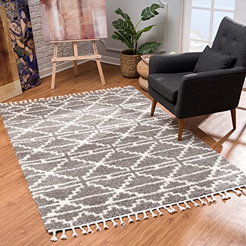 MyShop24 Teppich Wohnzimmer Shaggy Läufer - Grau Creme 800x250 cm - Deko Schlafzimmer Hochflor mit Fransen Flauschig Rauten Muster - Oeko Tex 100 Standard - Allergiker geeignet von MyShop24